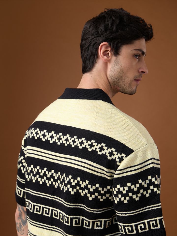 Oversized Knitted Polo Shirt | Black & Beige Aztec Sweater