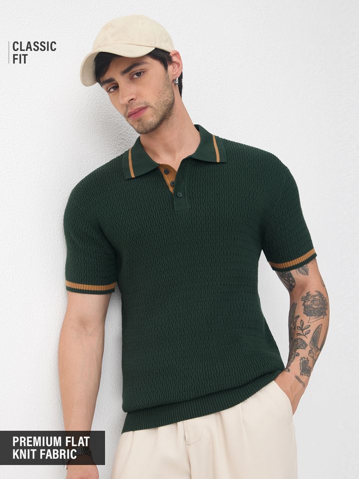 Classic Fit Textured Knit Polo Shirt in Dark Green Tipping