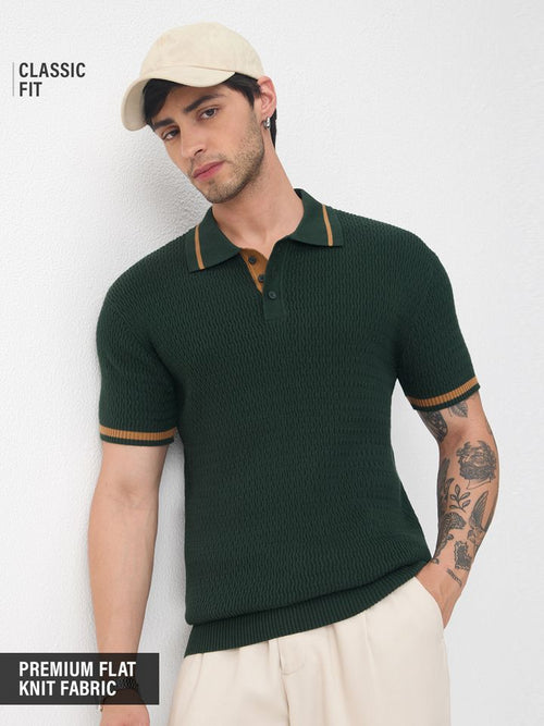 Classic Fit Textured Knit Polo Shirt in Dark Green Tipping