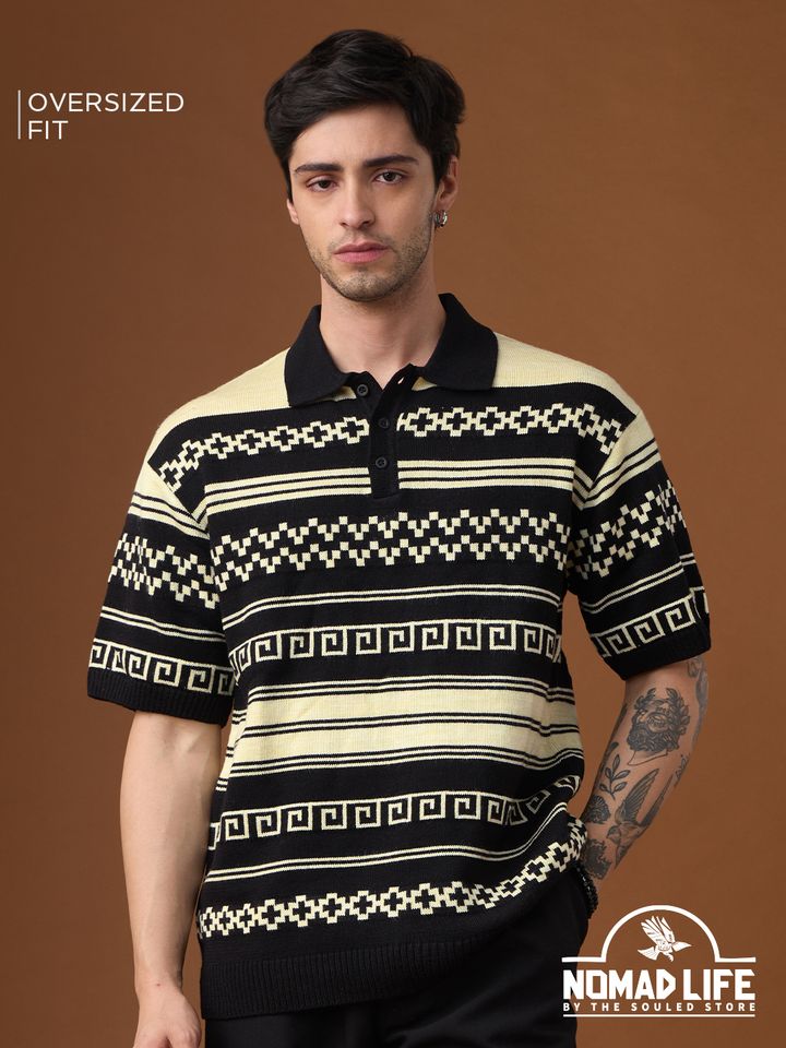 Oversized Knitted Polo Shirt | Black & Beige Aztec Sweater