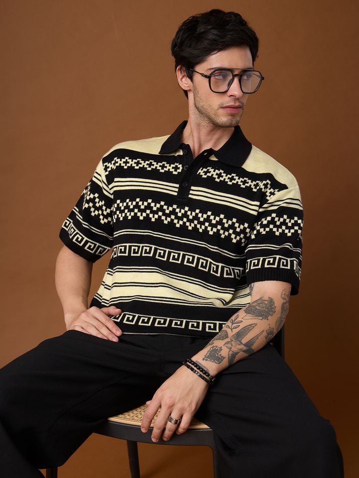 Oversized Knitted Polo Shirt | Black & Beige Aztec Sweater