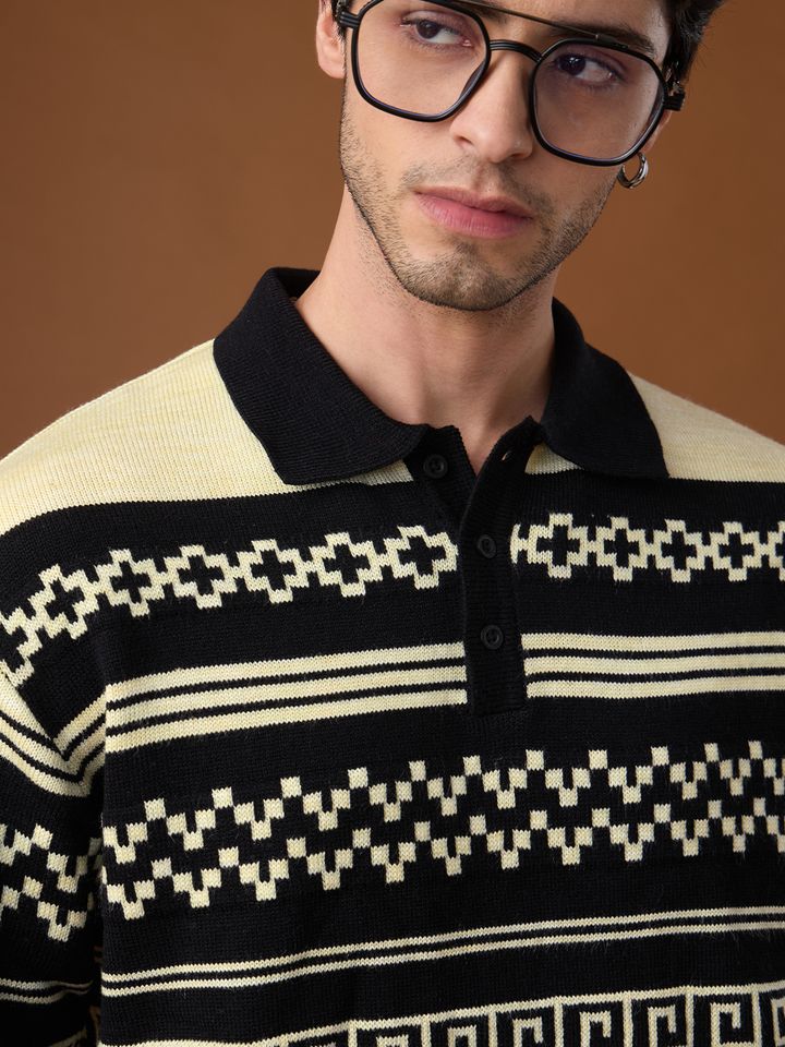 Oversized Knitted Polo Shirt | Black & Beige Aztec Sweater