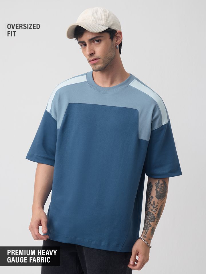 Oversized T-Shirt with Color-Blocked | Fit Blue Panel Tee