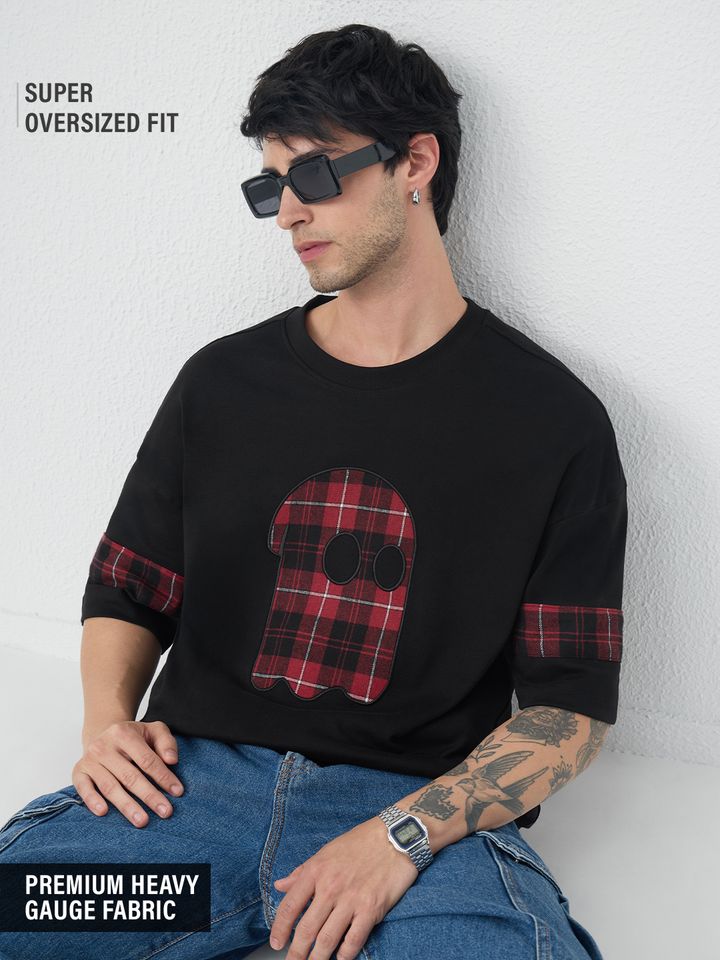 Oversized Black T-Shirt with Plaid Ghost Appliqué Patch