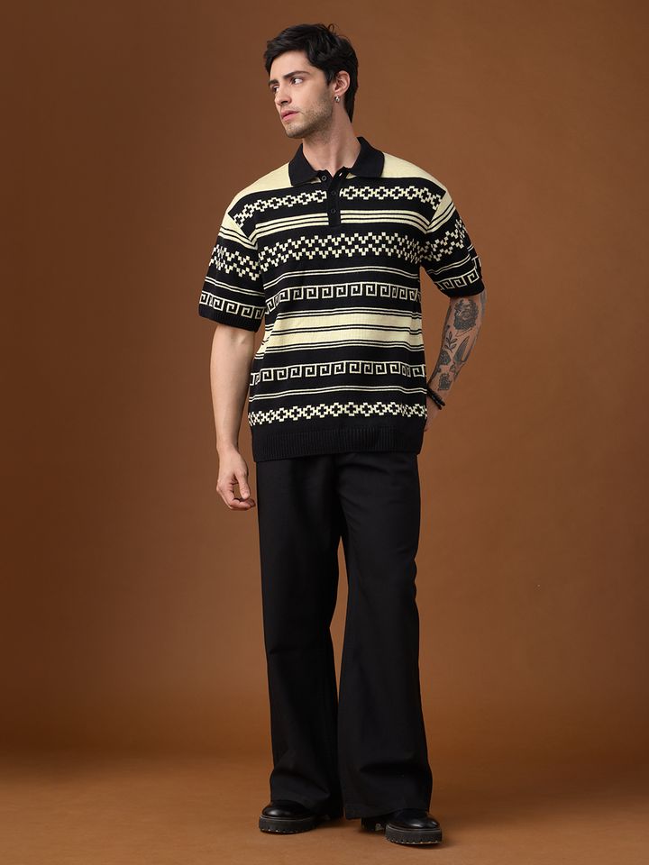 Oversized Knitted Polo Shirt | Black & Beige Aztec Sweater