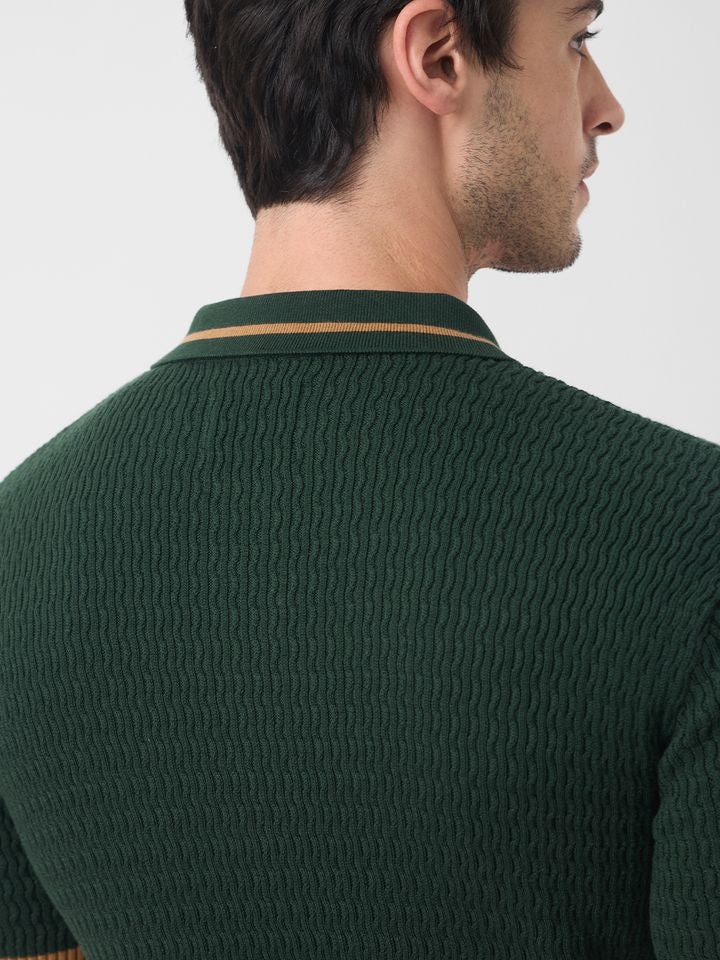 Classic Fit Textured Knit Polo Shirt in Dark Green Tipping