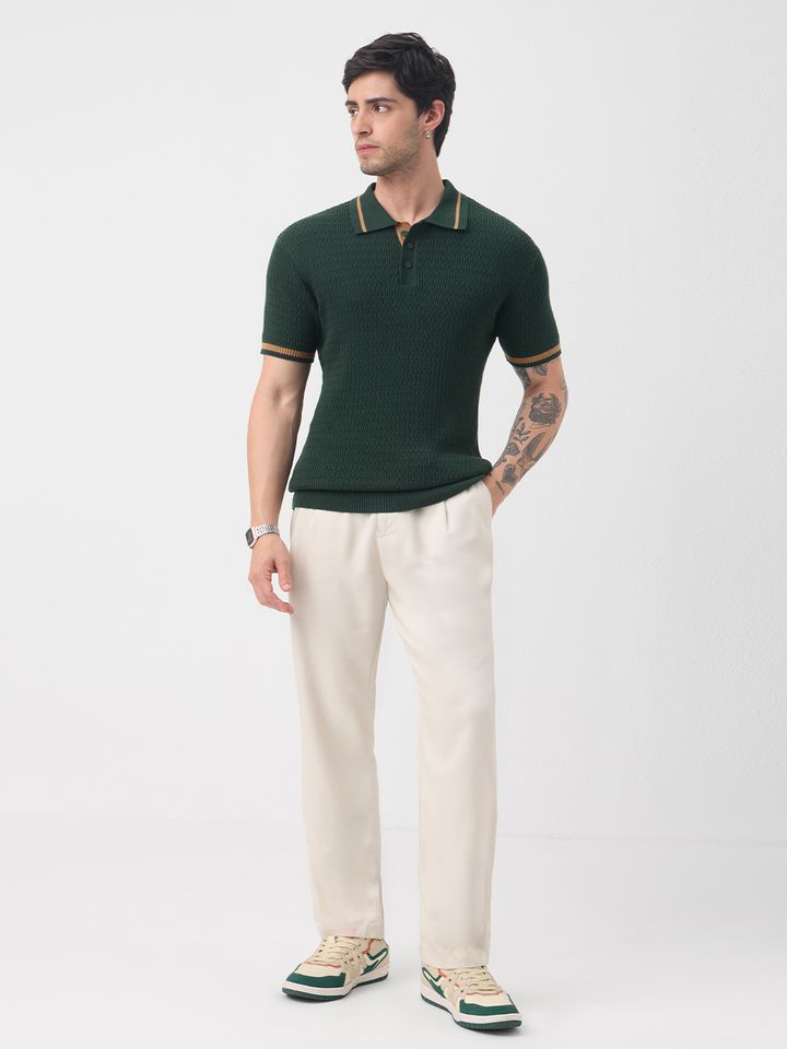 Classic Fit Textured Knit Polo Shirt in Dark Green Tipping