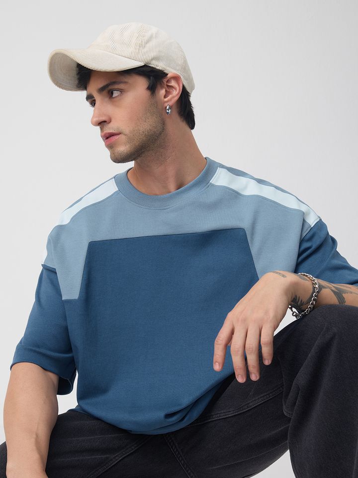 Oversized T-Shirt with Color-Blocked | Fit Blue Panel Tee